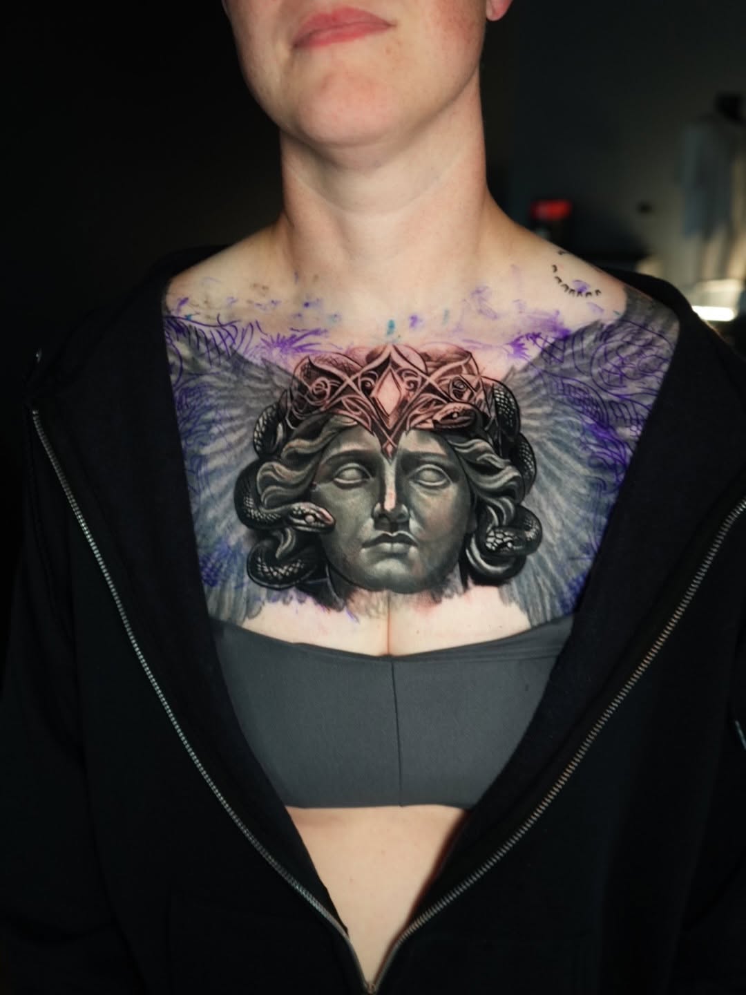 Medusa head with snakes realism tattoo on the chest by Robert Morton, Cleveland, Ohio