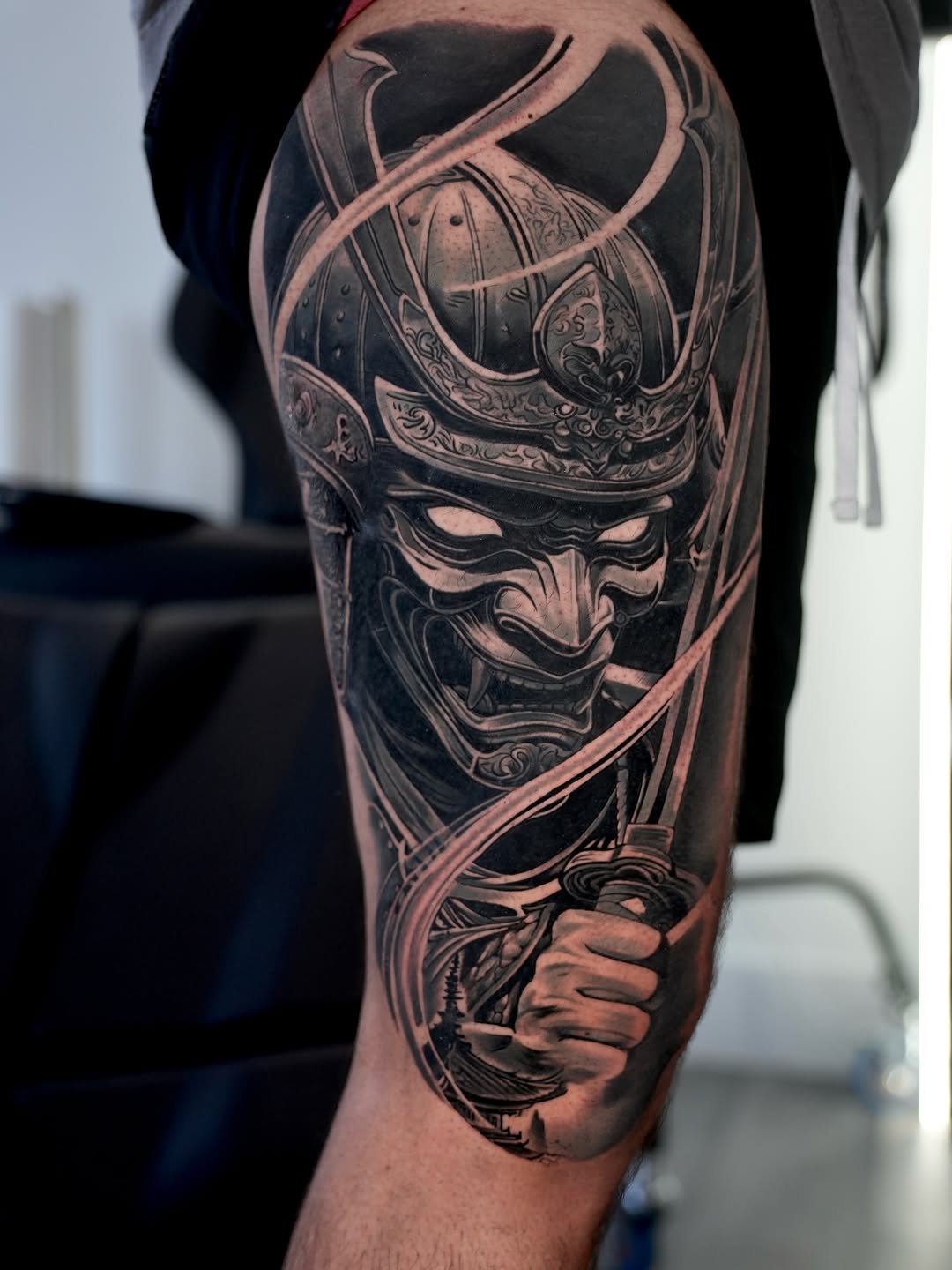 Samurai mask and sword Japanese tattoo on the forearm by Luis Manuel Olivera, North Miami, Florida