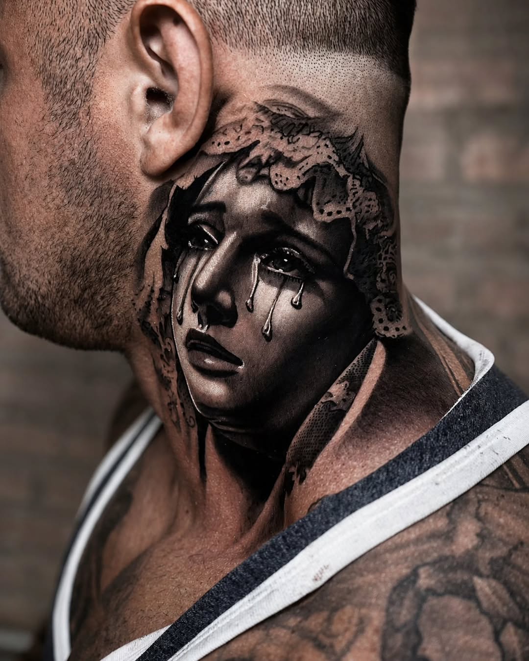 Crying woman portrait realism tattoo on the neck by Lukasz Olszanski