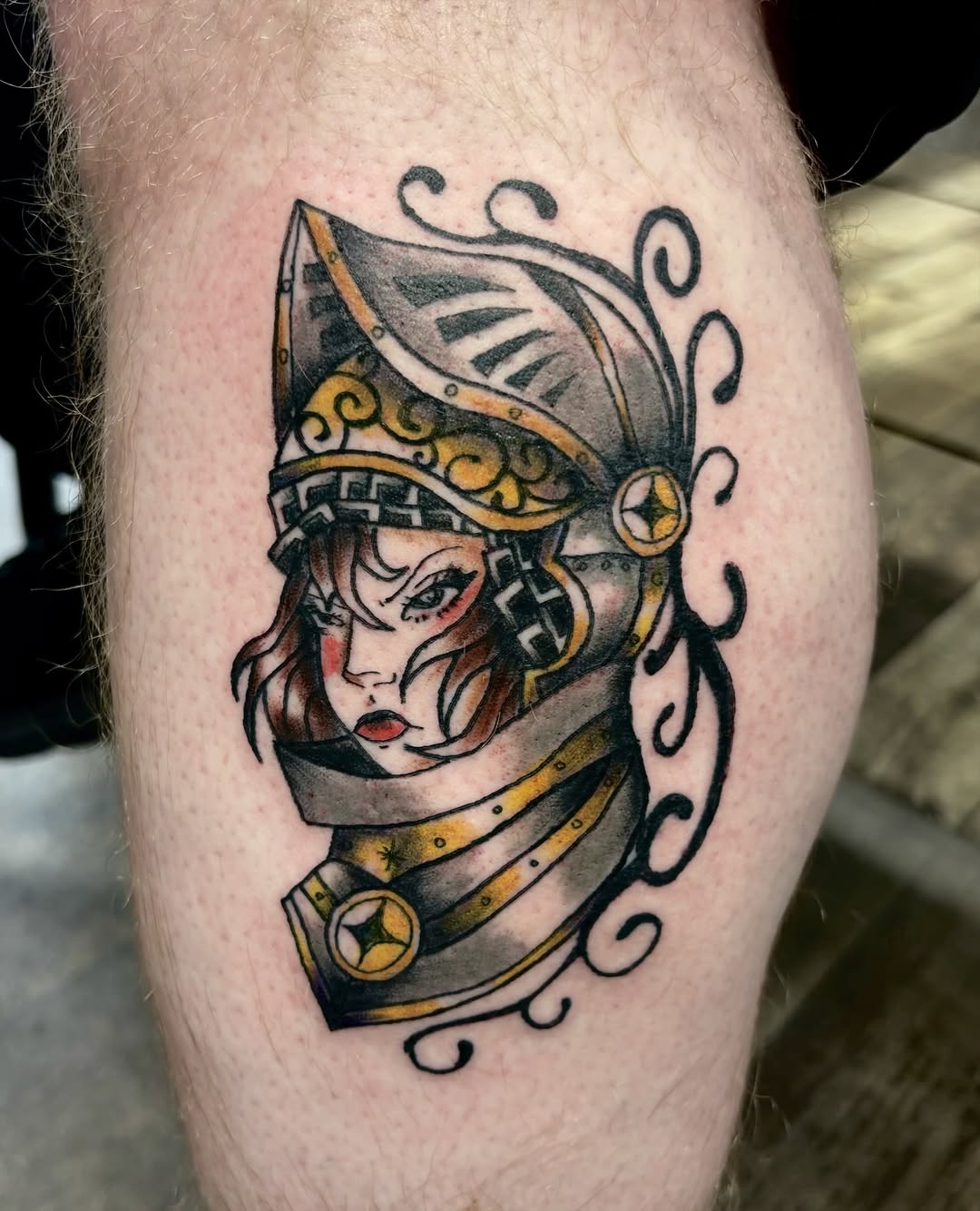 Knight woman portrait neo-traditional tattoo on the thigh by ✮ ✄ star ✮ ✄