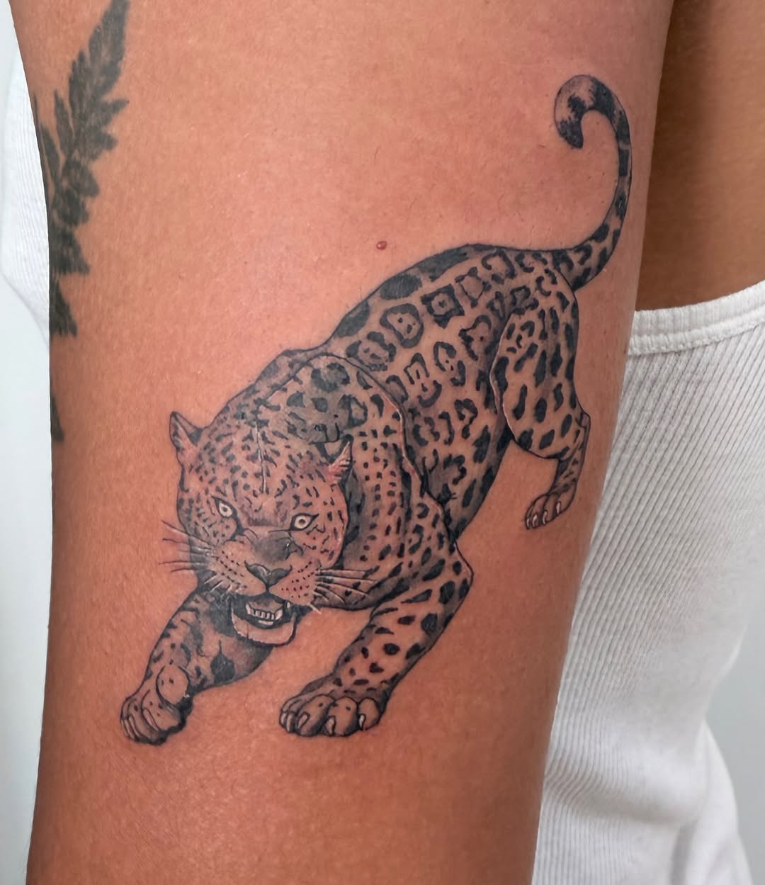 Leopard realism tattoo on the thigh by Ink About Me - Amanda’s Fine Lines