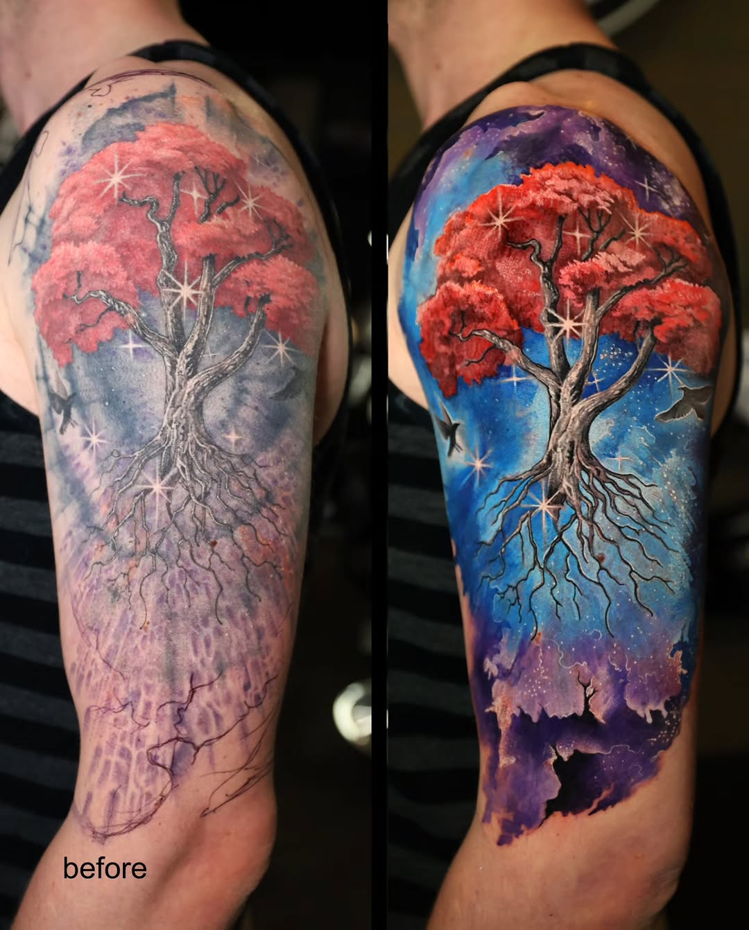 Tree with roots and starry sky watercolor tattoo on the forearm by Marek Pawlik