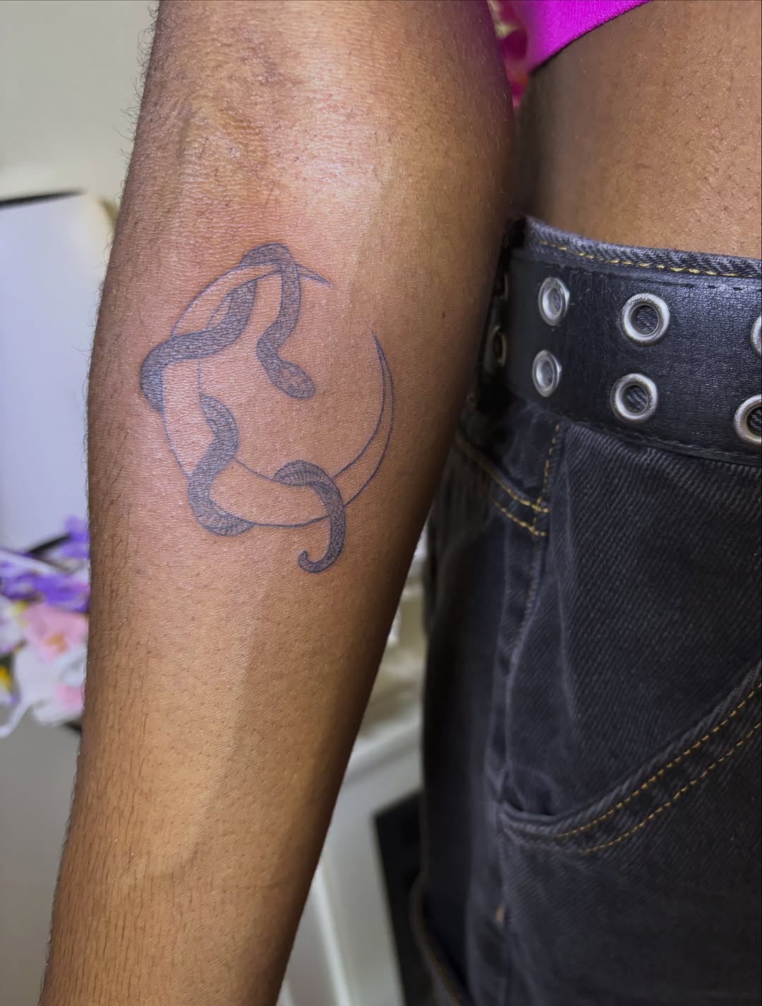 Snakes and moon tattoo on the forearm by winrytattoome