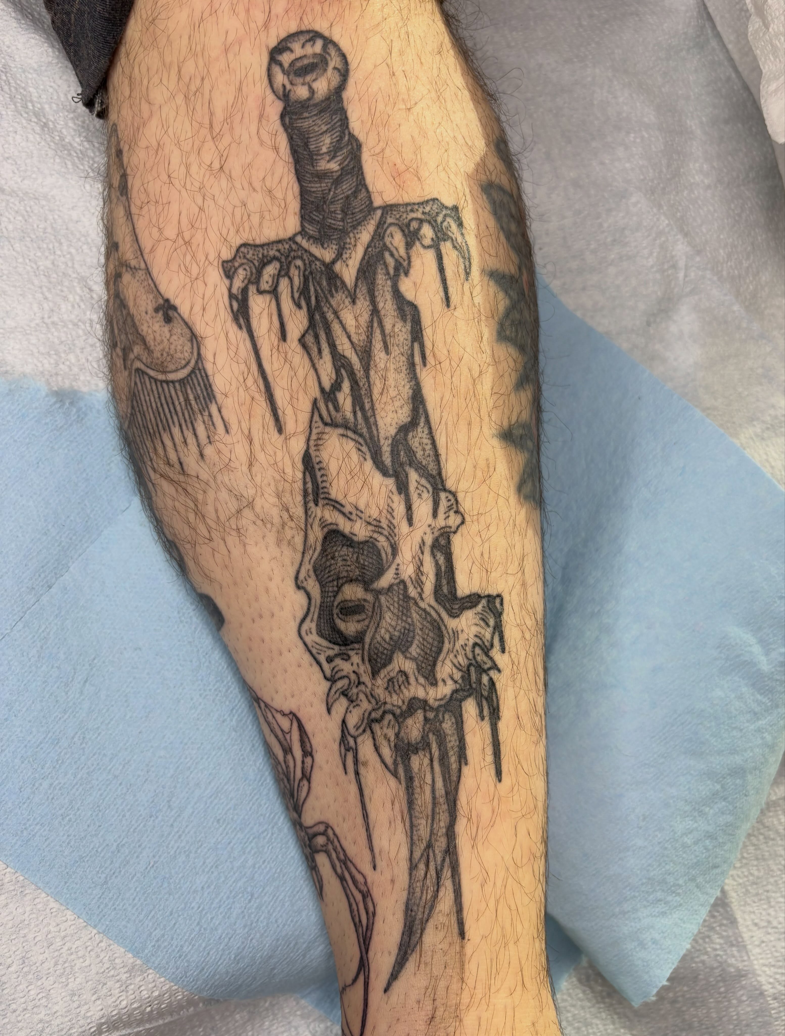 Tattoo by @softcorehorror — black_and_grey, dark_realism