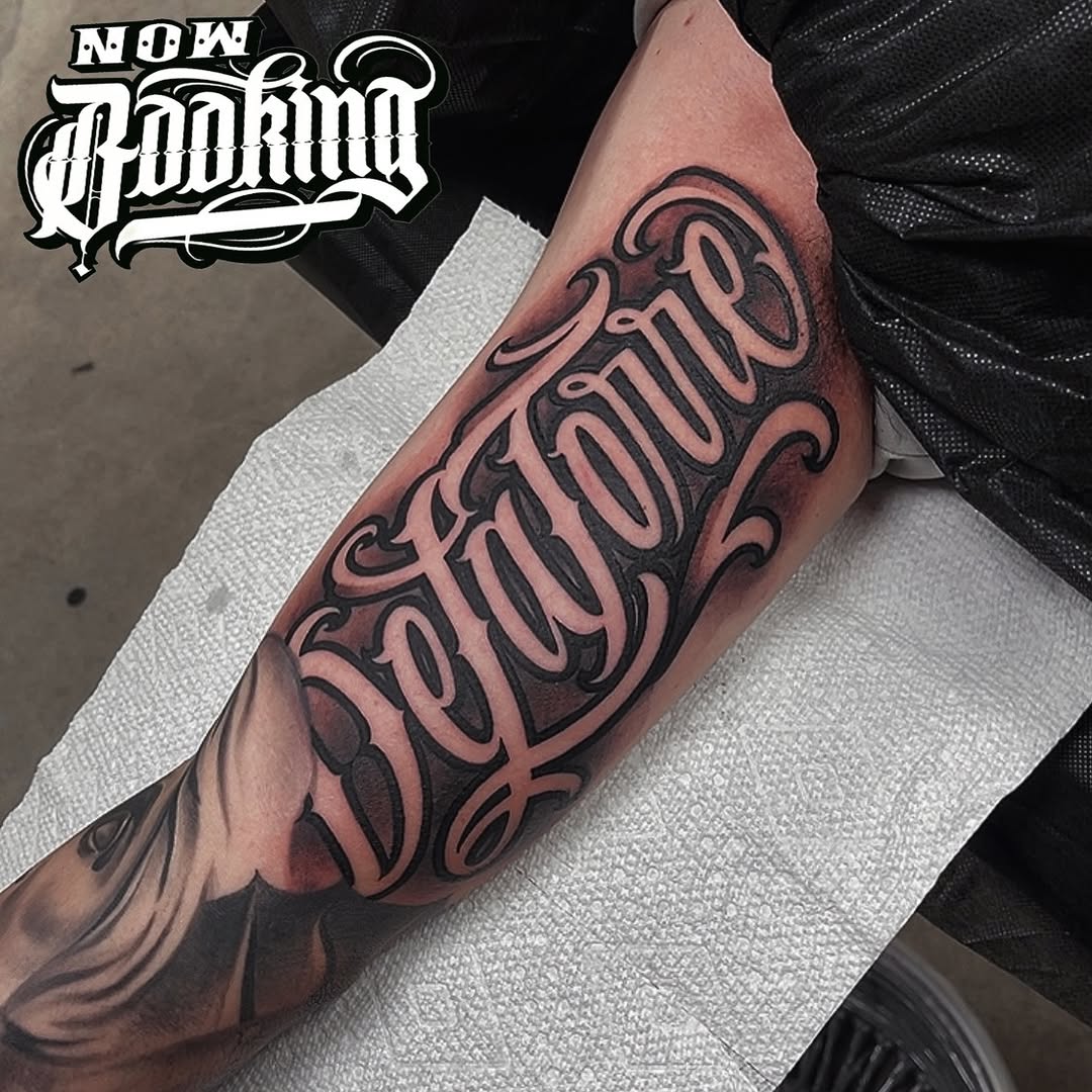 Tattoo by @chato83_ — lettering_script, chicano
