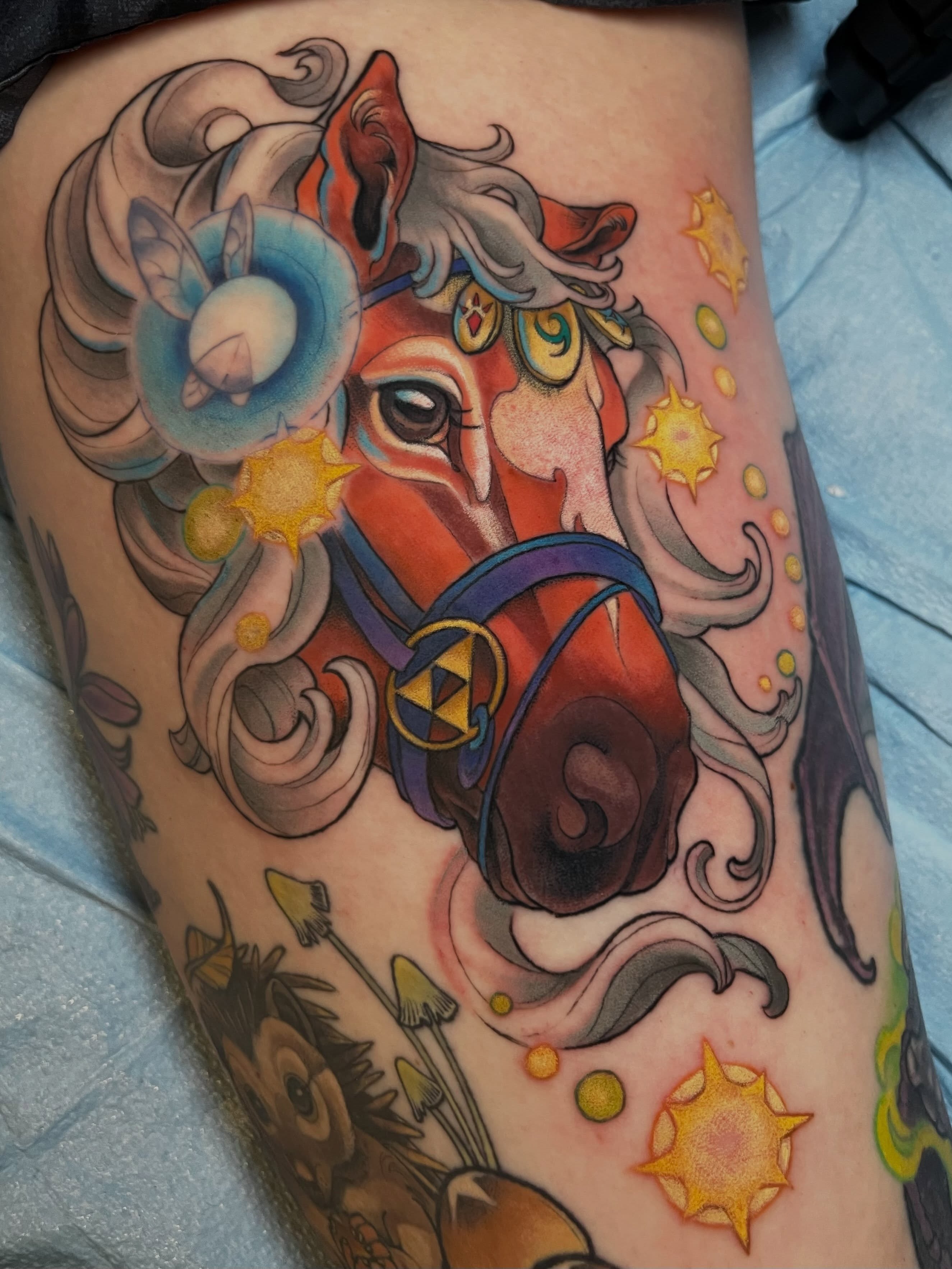 Horse American traditional tattoo on the thigh by Cassandra
