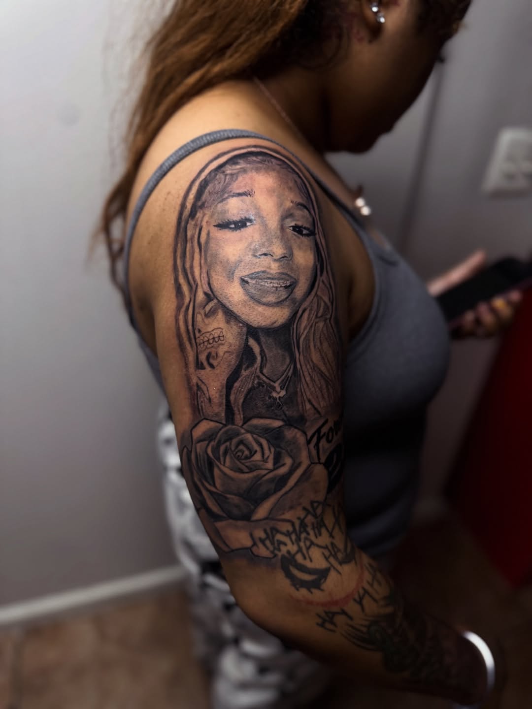 Chicano tattoo on the shoulder by Uncle Fade Tattoo Artist ✍🏾