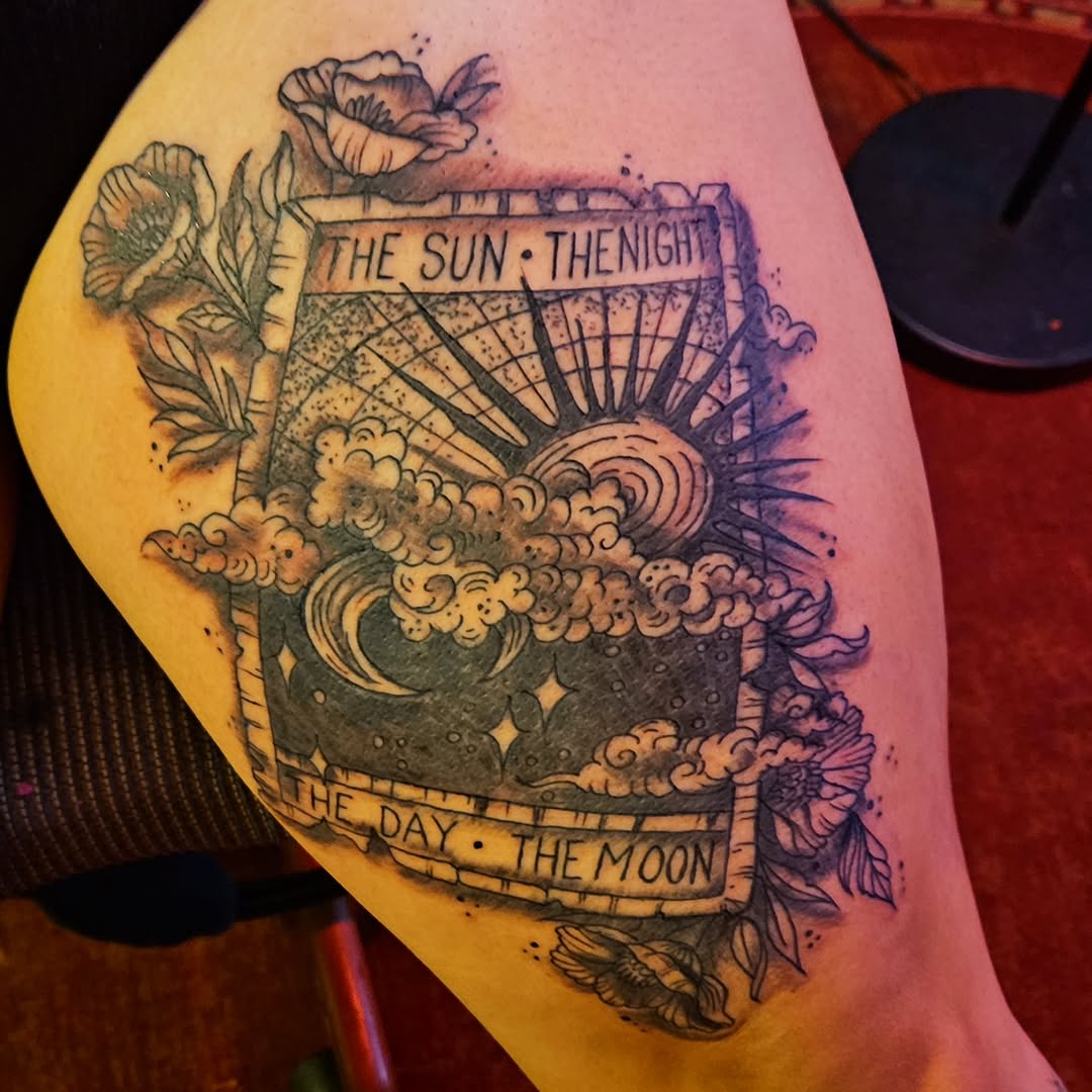 Fine line tattoo on the thigh by Shane Watkins