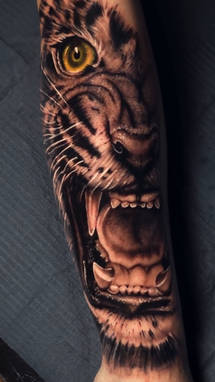 Tiger face realism tattoo on the forearm by Alejo Ibanez Tattoo