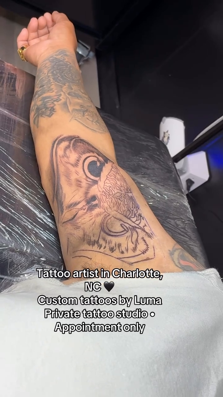 Owl tattoo on forearm fine line tattoo on the upper arm by Tattzbyluma, Charlotte, North Carolina