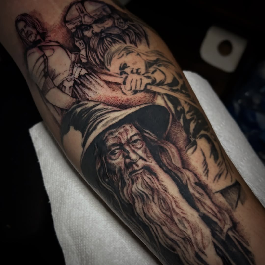 Lord of the Rings characters realism tattoo on the forearm by Marky