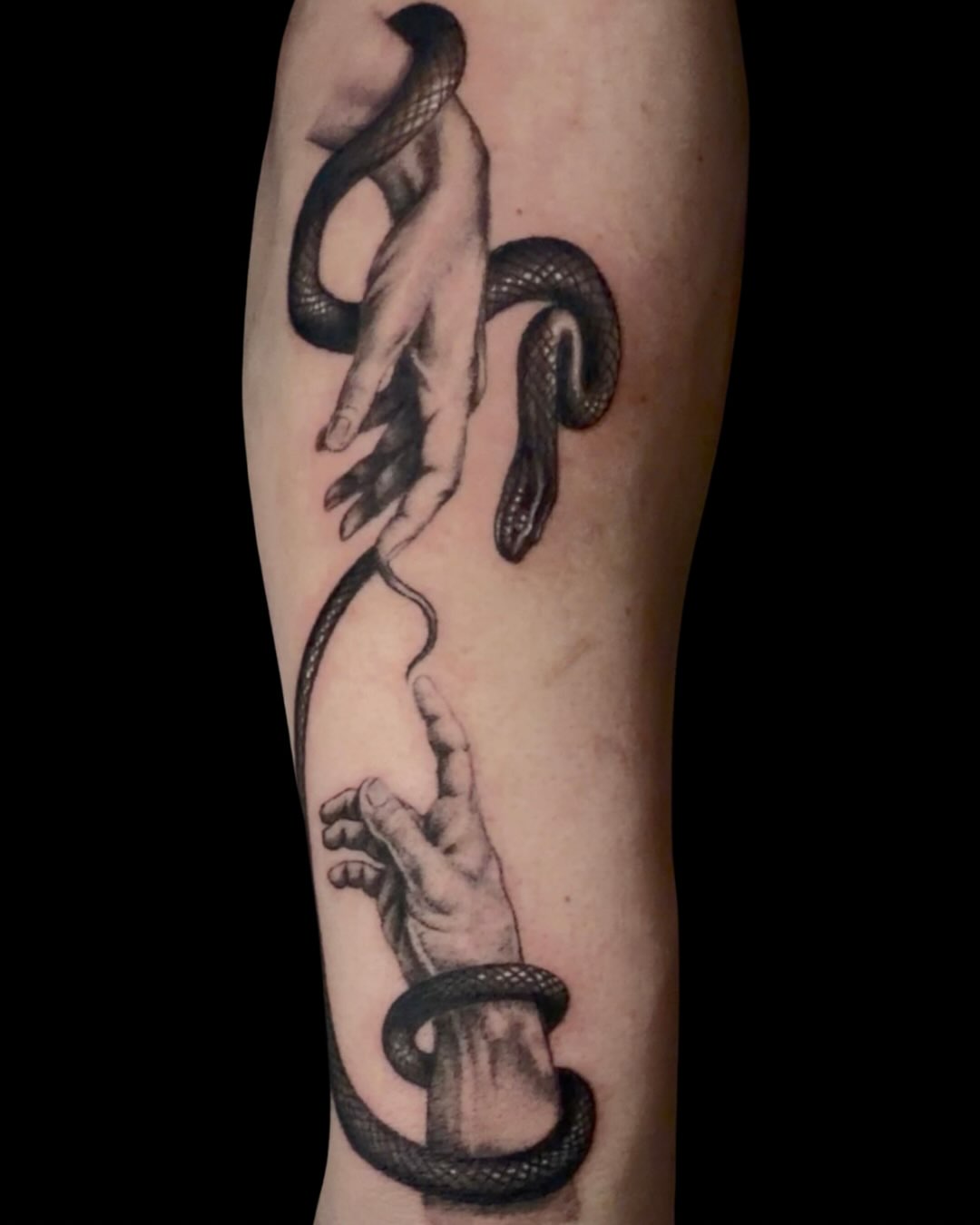 Snake and hand realism tattoo on the forearm by Las Vegas Artist π©π½βπ¨