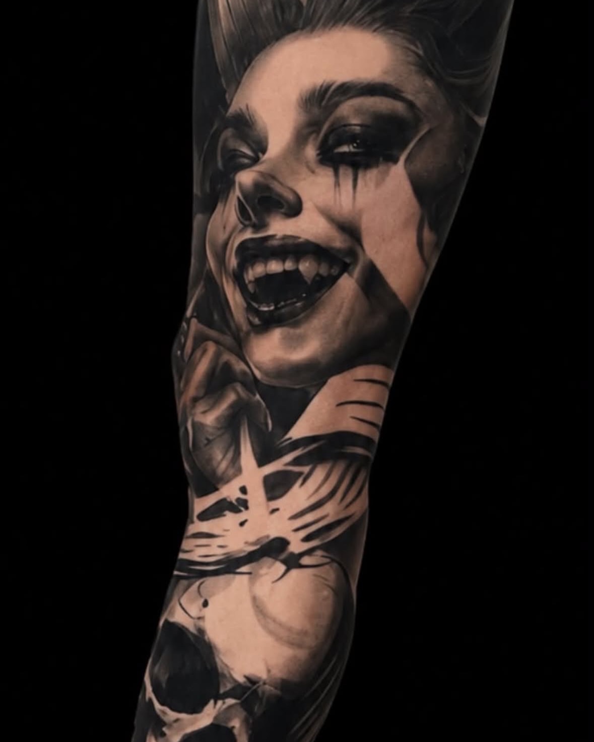 Vampire woman and skull realism tattoo on the forearm by Jesse White, Mentor, Ohio