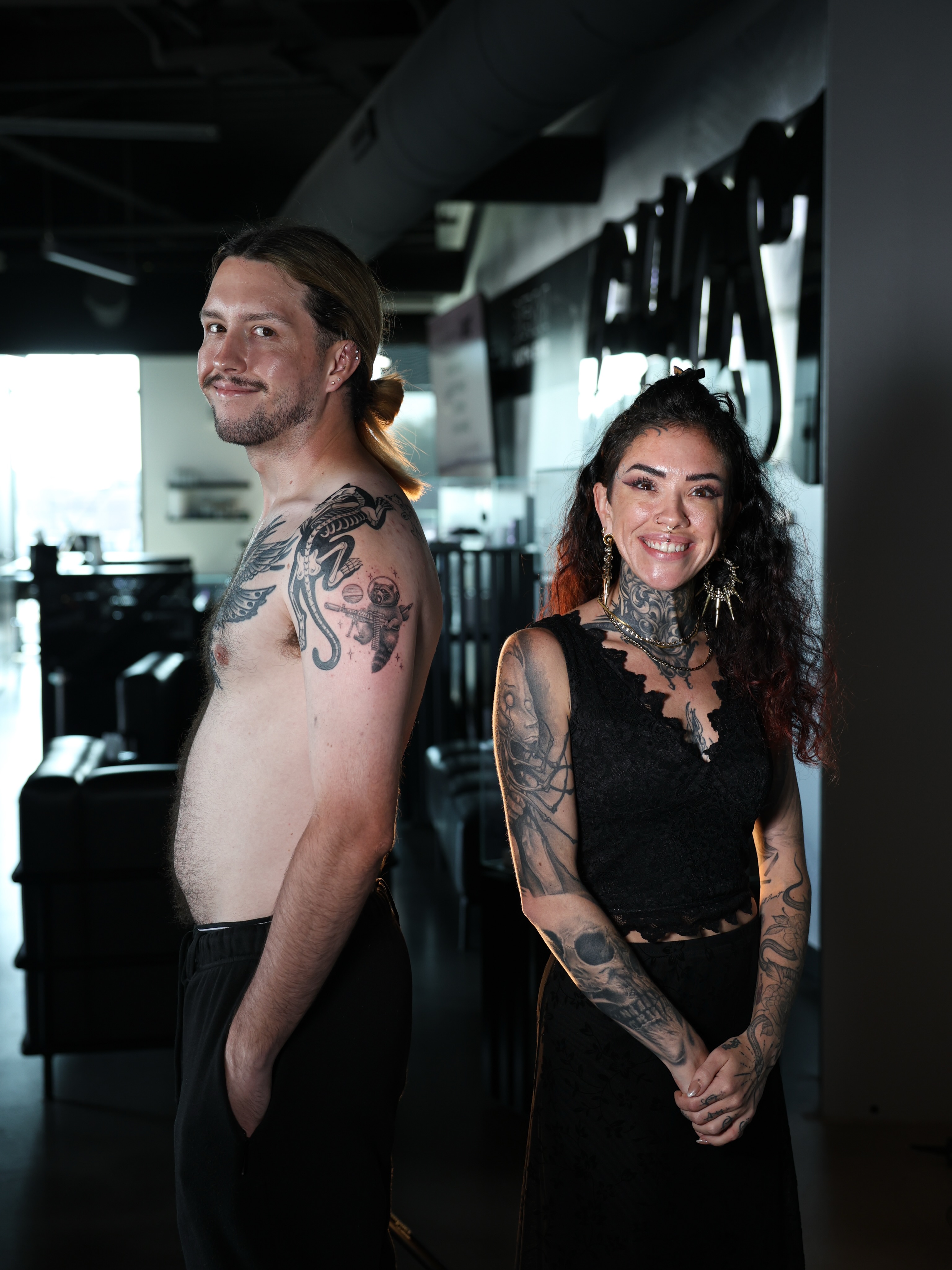 Tattooed couple American traditional tattoo on the torso by Tiny