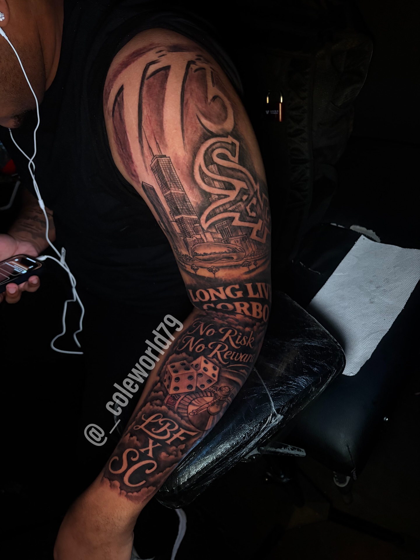Baseball stadium and cityscape American traditional tattoo on the forearm by Chicago tattoo artist