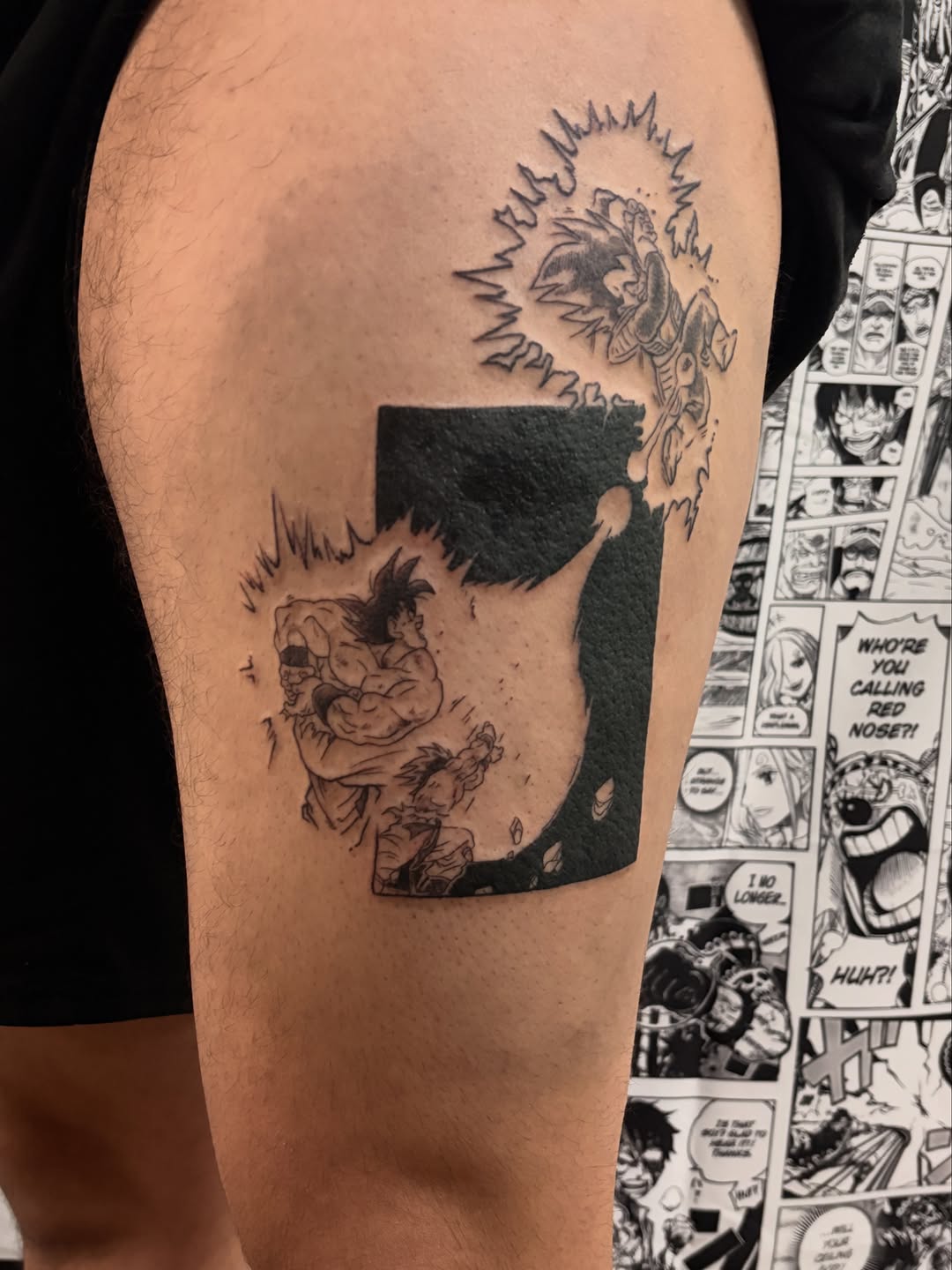 Dragon Ball Z characters fighting anime tattoo on the upper arm by Chris, Cleveland, Ohio
