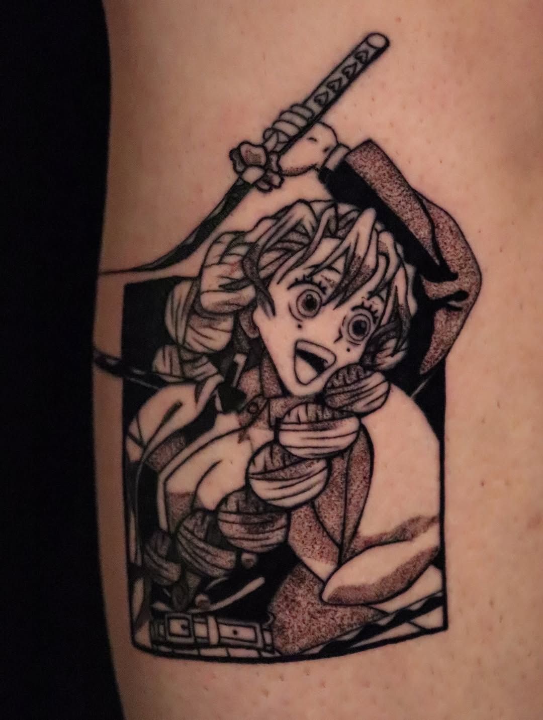 Tattoo by @hardtatz — anime, dotwork