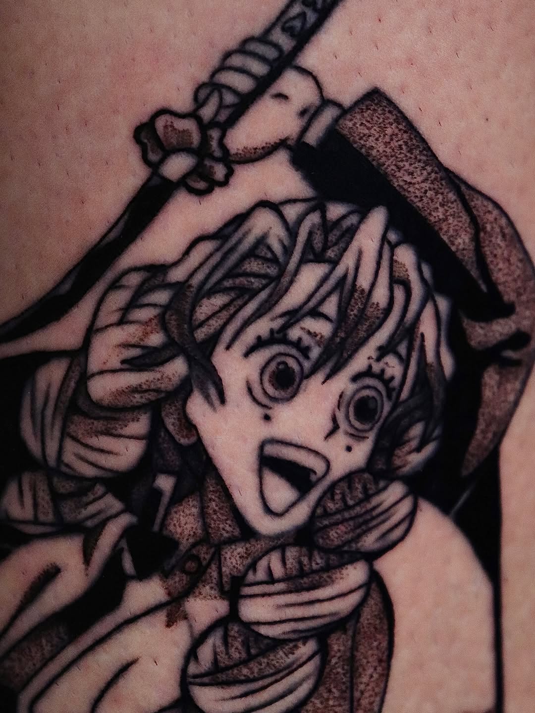 Tattoo by @hardtatz — anime, dotwork