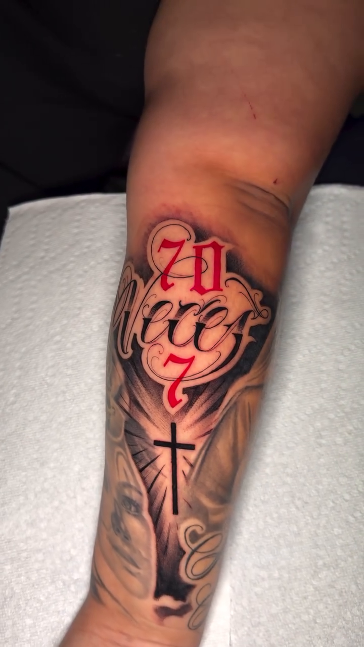 Tattoo by @arlingtonink_nickochoa — chicano, lettering_script