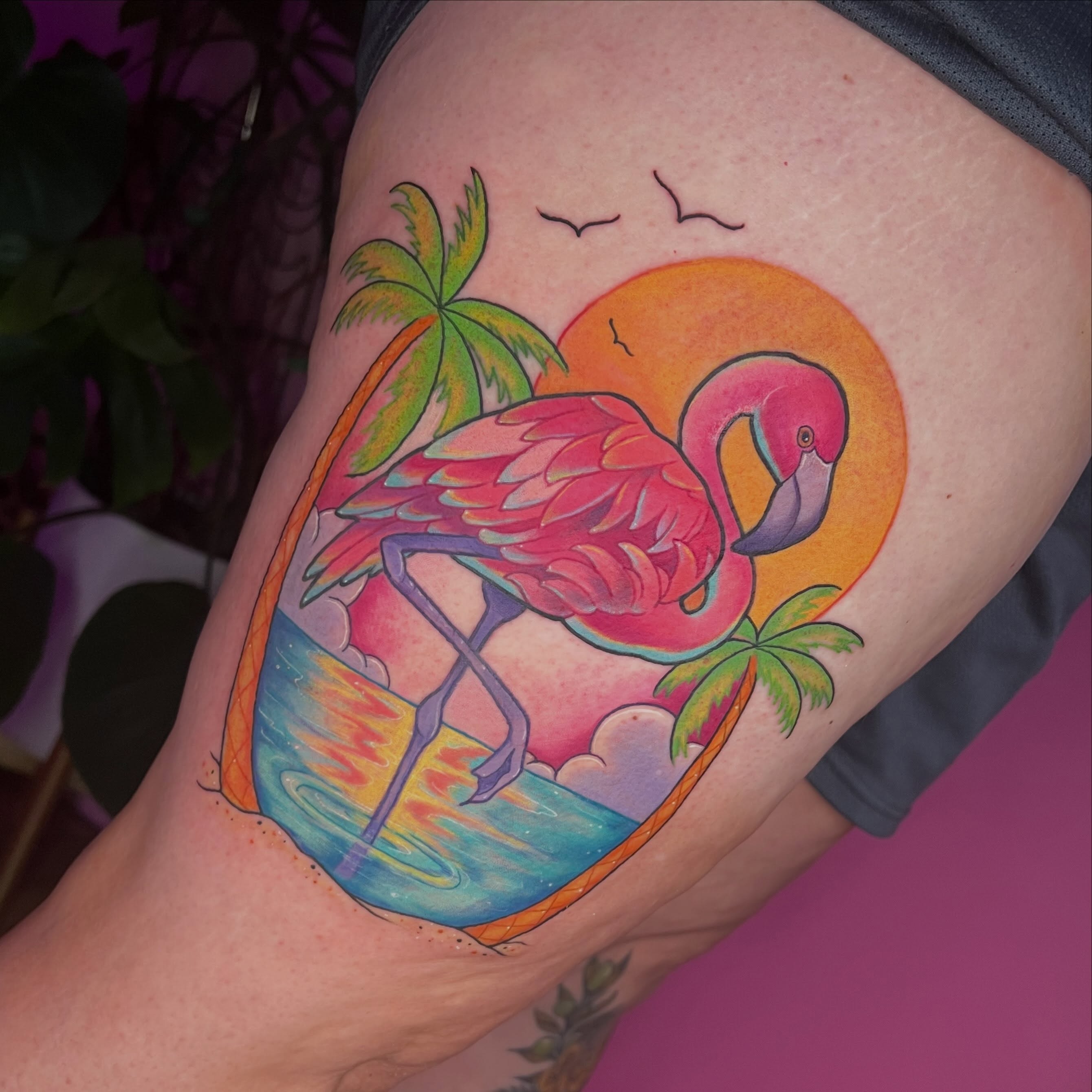Flamingo new school tattoo on the thigh by jessica valentine