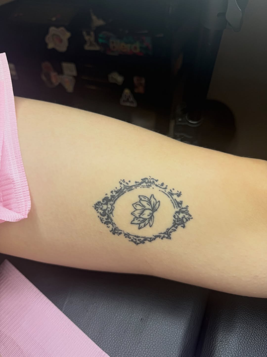 Lotus flower in ornate frame dotwork tattoo on the forearm by Room 707 Tattoo 🍰🍓