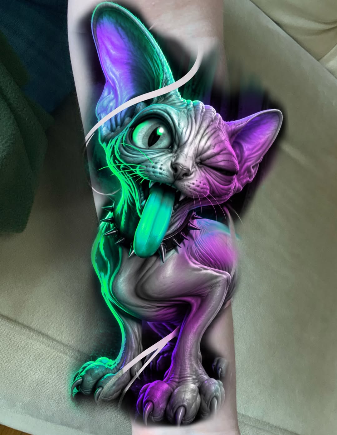 Sphynx cat with tongue out dark art tattoo on the forearm by William Pollock