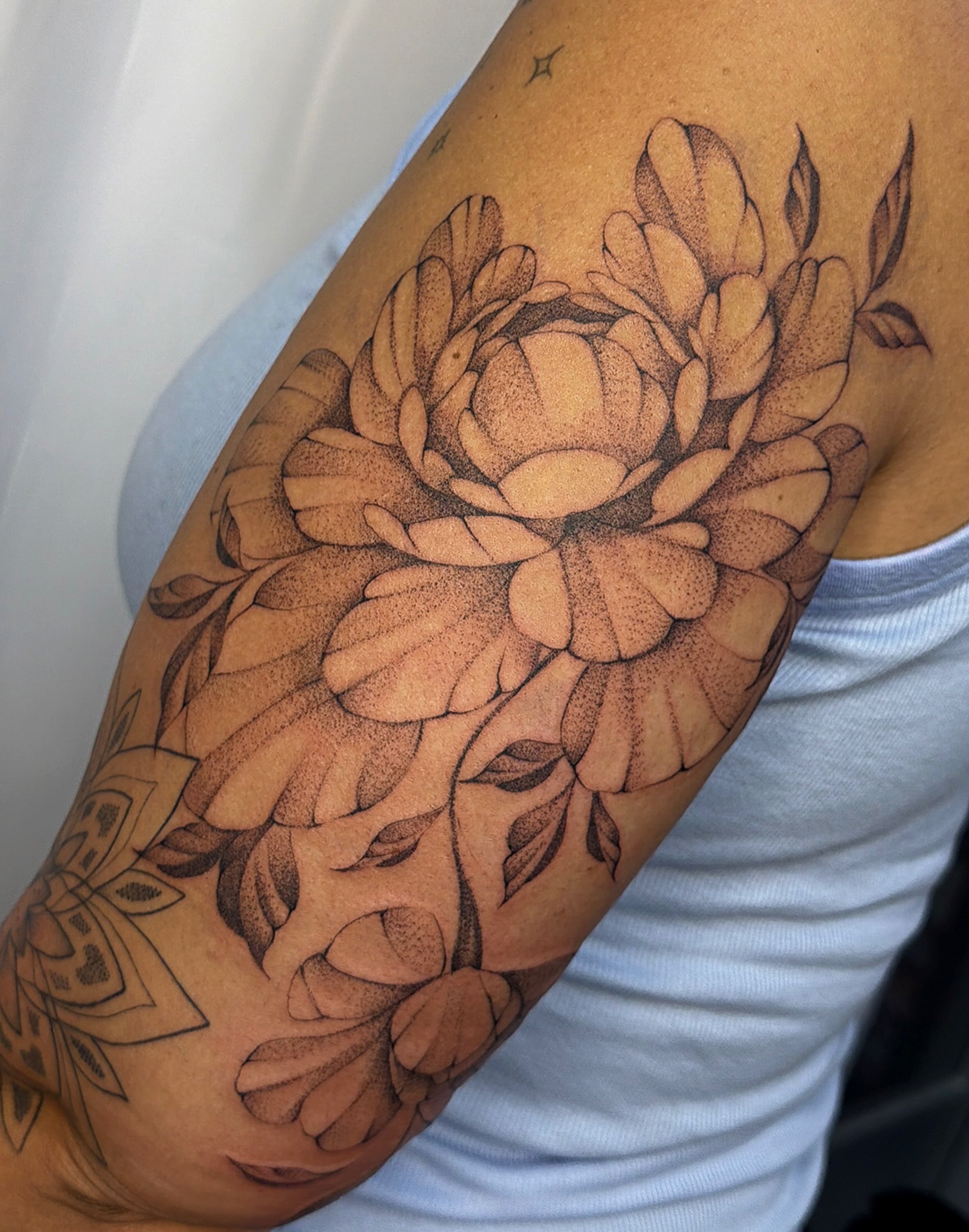 Peony dotwork tattoo on the forearm by sarah