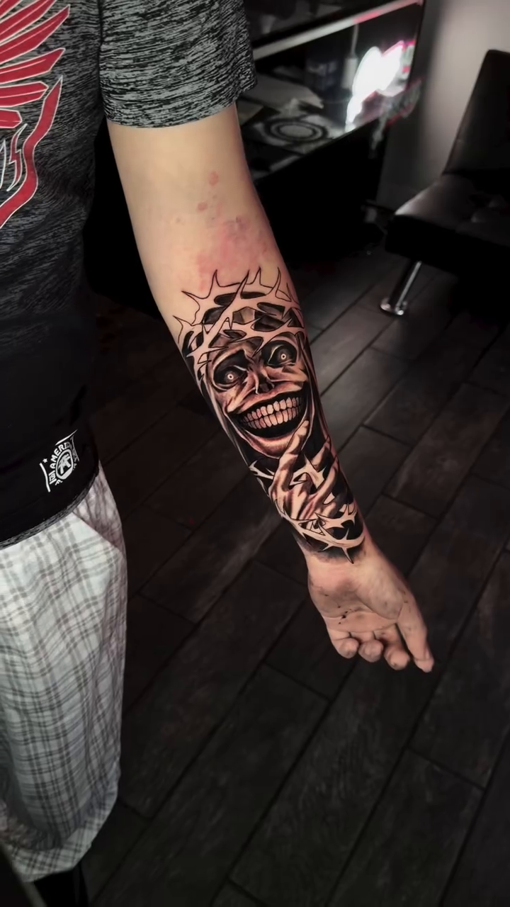 Tattoo by @thesantanaink — dark_realism, black_and_grey