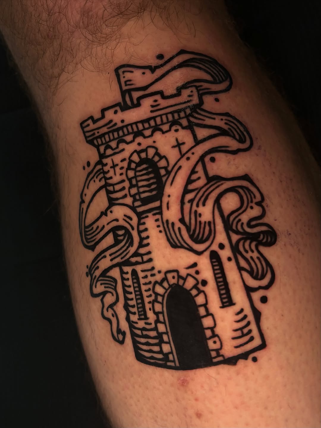 Castle tower with banner dark art tattoo on the thigh by 𝕵𝖊𝖗𝖊𝖒𝖞 𝕻𝖚𝖗𝖈𝖊𝖑𝖑