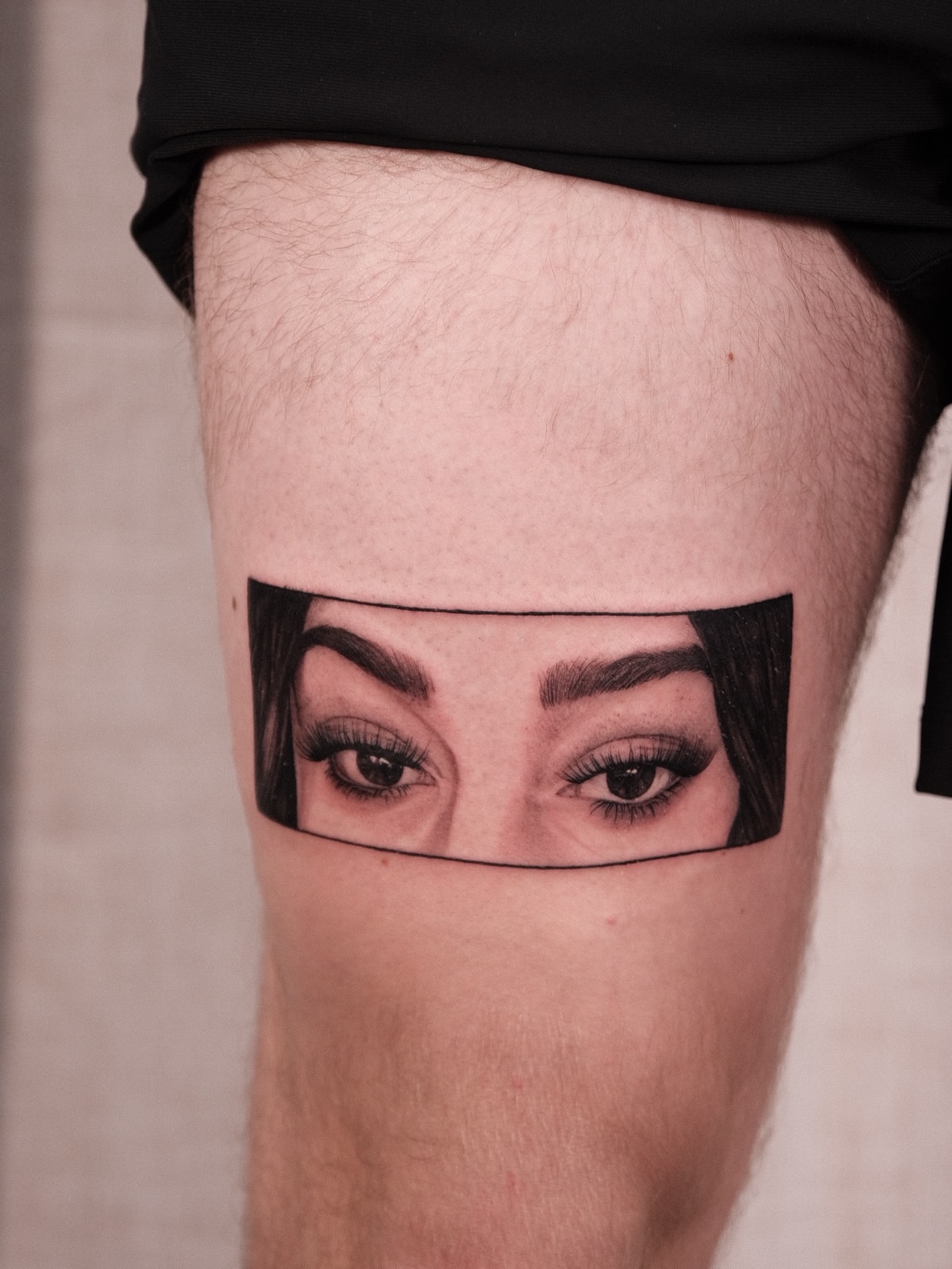 Eyes realism tattoo on the thigh by Houston Tattoo Artist GoldenK