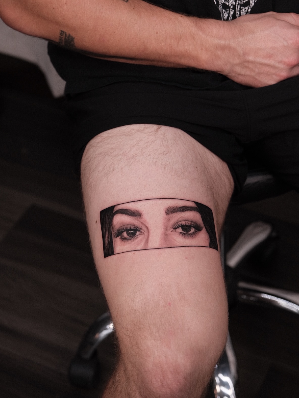 Eye black and grey tattoo on the thigh by Houston Tattoo Artist GoldenK
