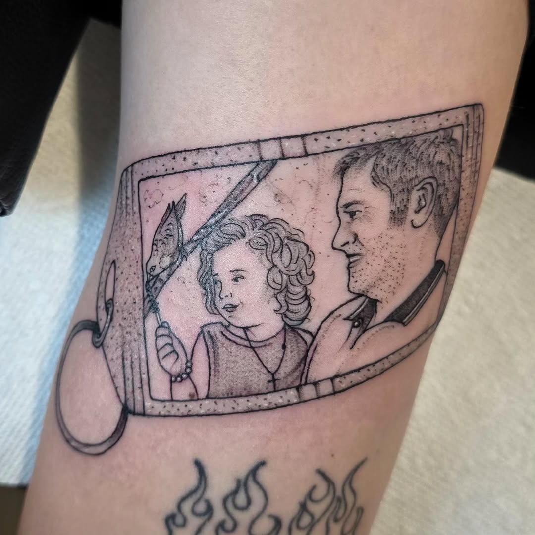 Father and child portrait realism tattoo on the forearm by Hope 🌙, Cincinnati