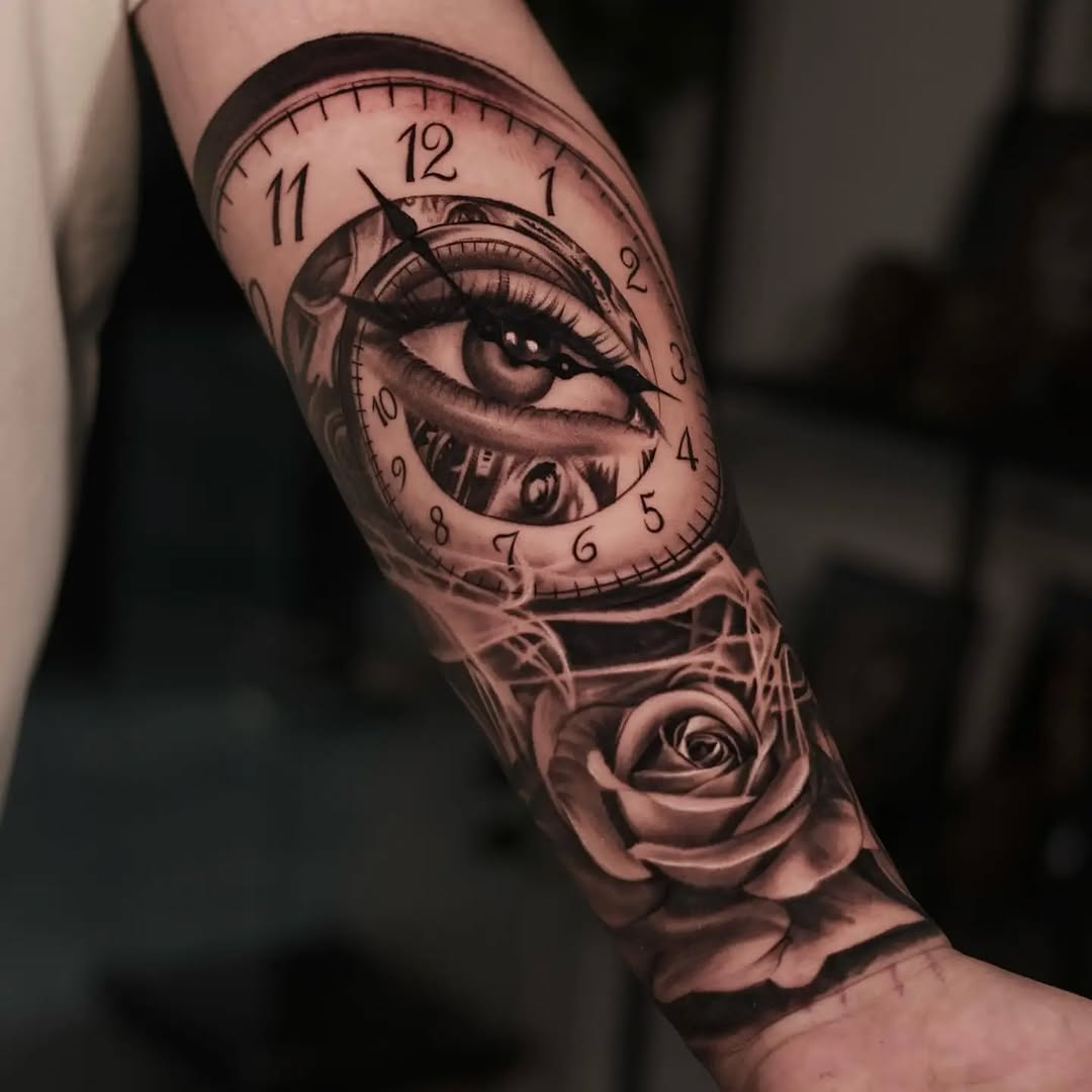 Clock face with eye and rose surrealism tattoo on the forearm by ink.alchemist