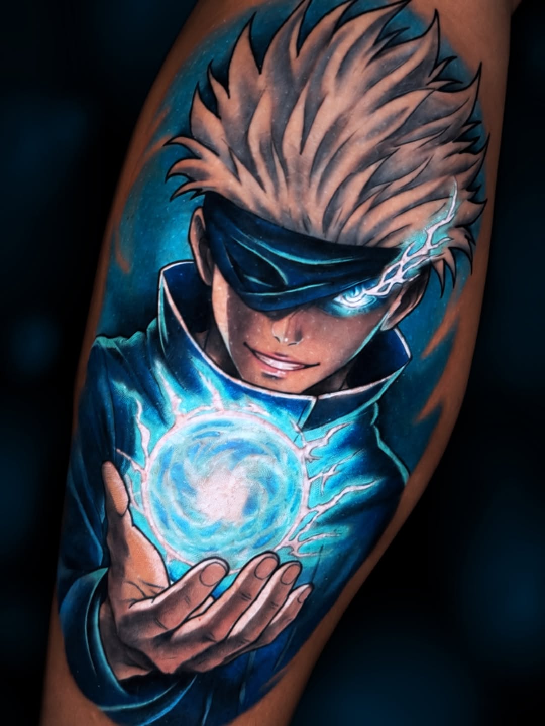 Gojo Satoru from Jujutsu Kaisen anime tattoo on the forearm by Kaly, Manhattan, NYC