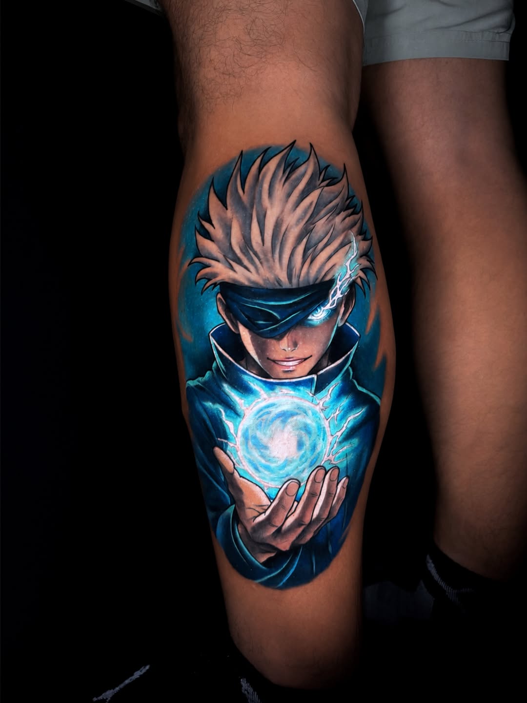 Gojo Satoru from Jujutsu Kaisen anime tattoo on the thigh by Kaly, Manhattan, NYC