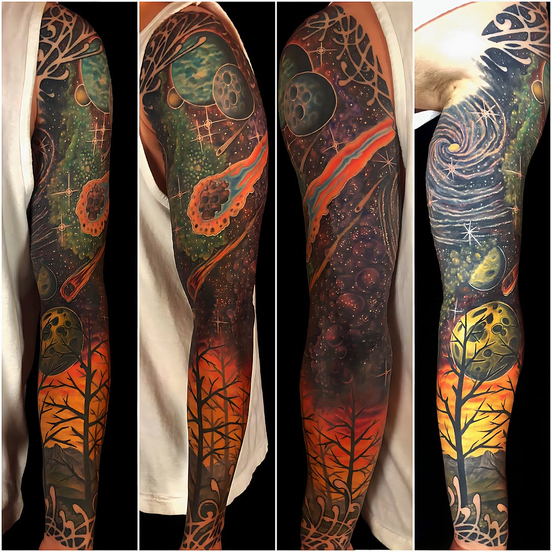 Space and trees landscape surrealism tattoo on the forearm by Patrick Delvar