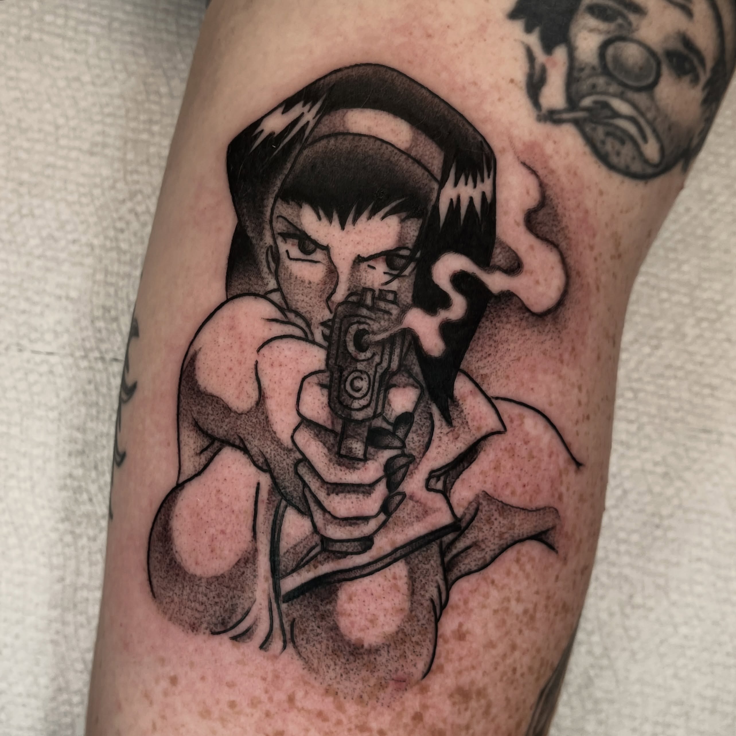 Gun-wielding character dotwork tattoo on the forearm by Jesus Pieces