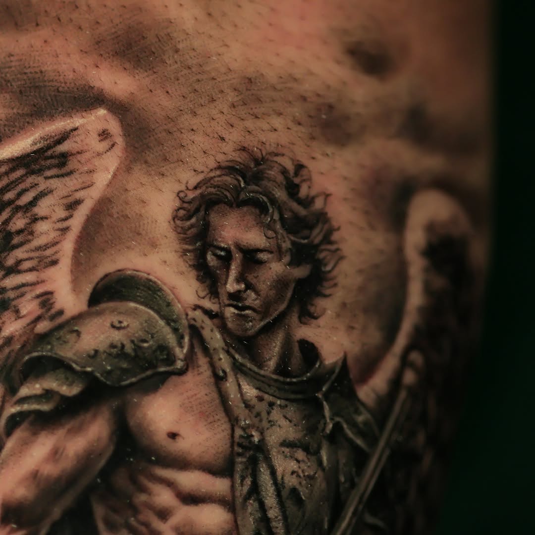 Angel warrior realism tattoo on the chest by Felipe Andrade