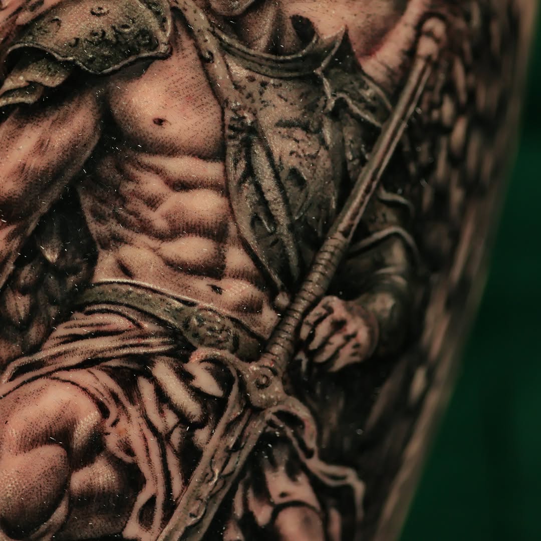 Armored warrior with sword realism tattoo on the forearm by Felipe Andrade