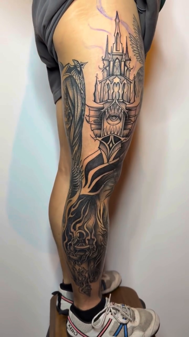 Dark art tattoo on the leg by Sasha “Sashimi” Shabasov