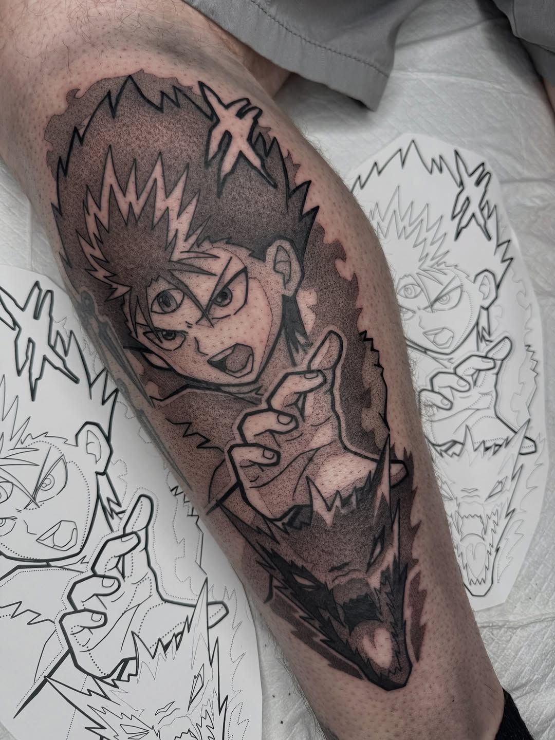 Tattoo by @donniebydesign — anime, black_and_grey