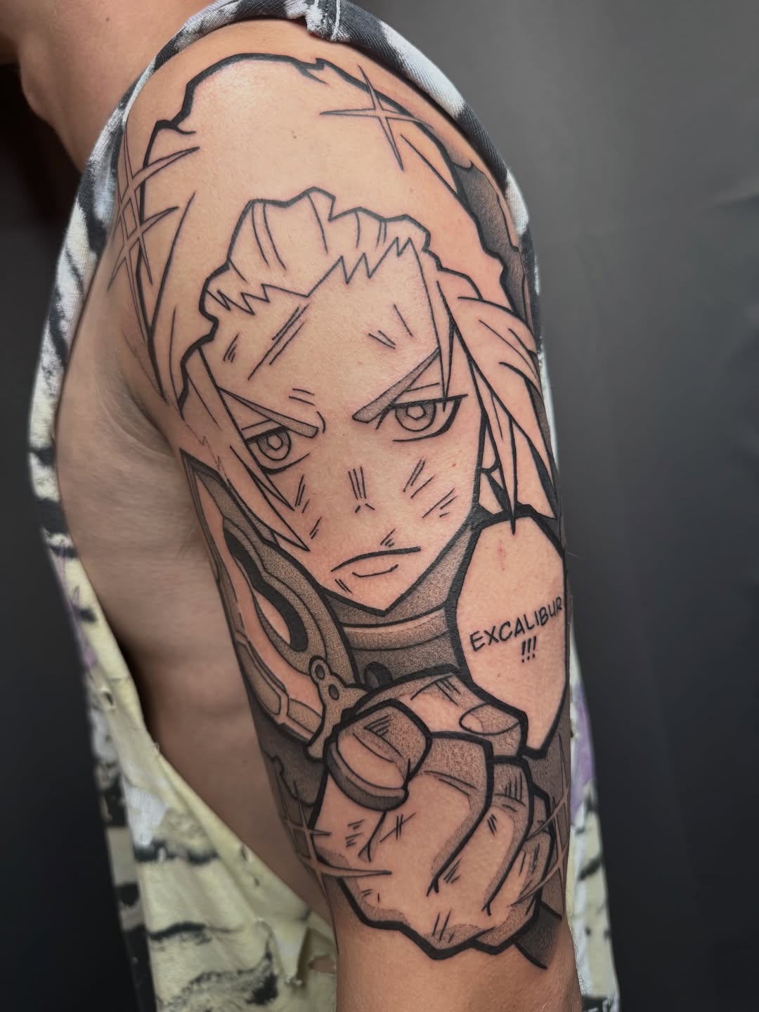 Tattoo by @donniebydesign — anime, black_and_grey