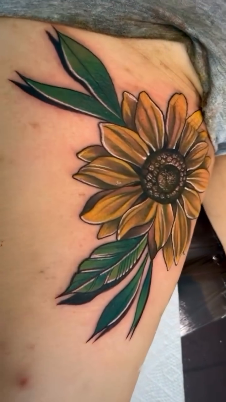 Sunflower tattoo on thigh neo-traditional tattoo on the thigh by Inkby_larry