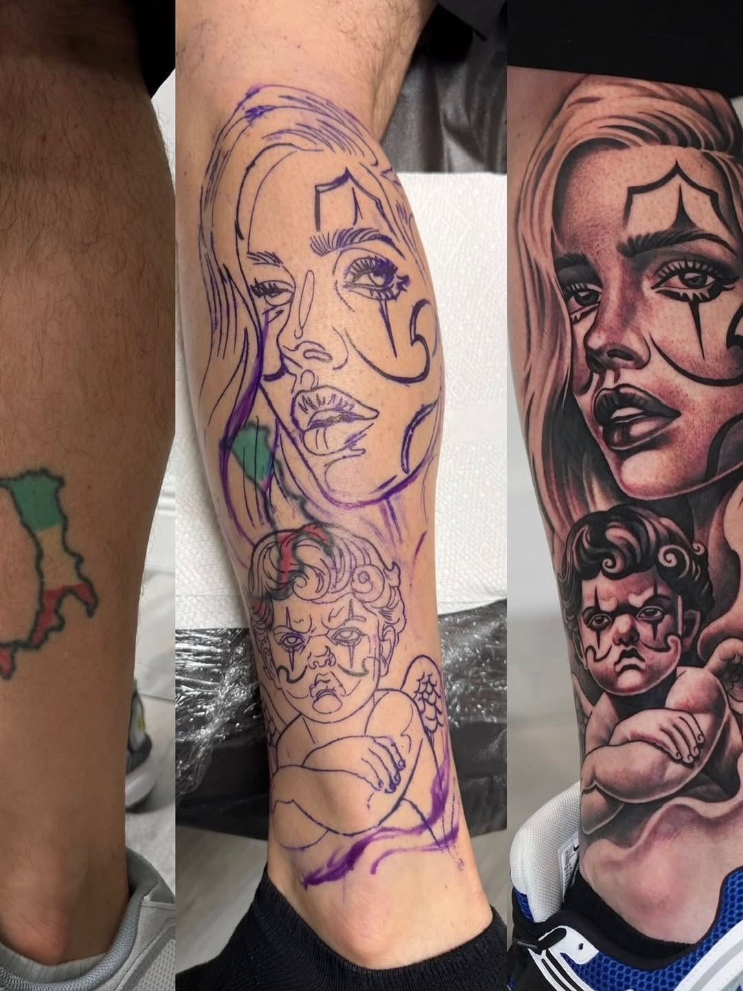 Chola girl and cherub realism tattoo on the forearm by Artem Kunakuzin