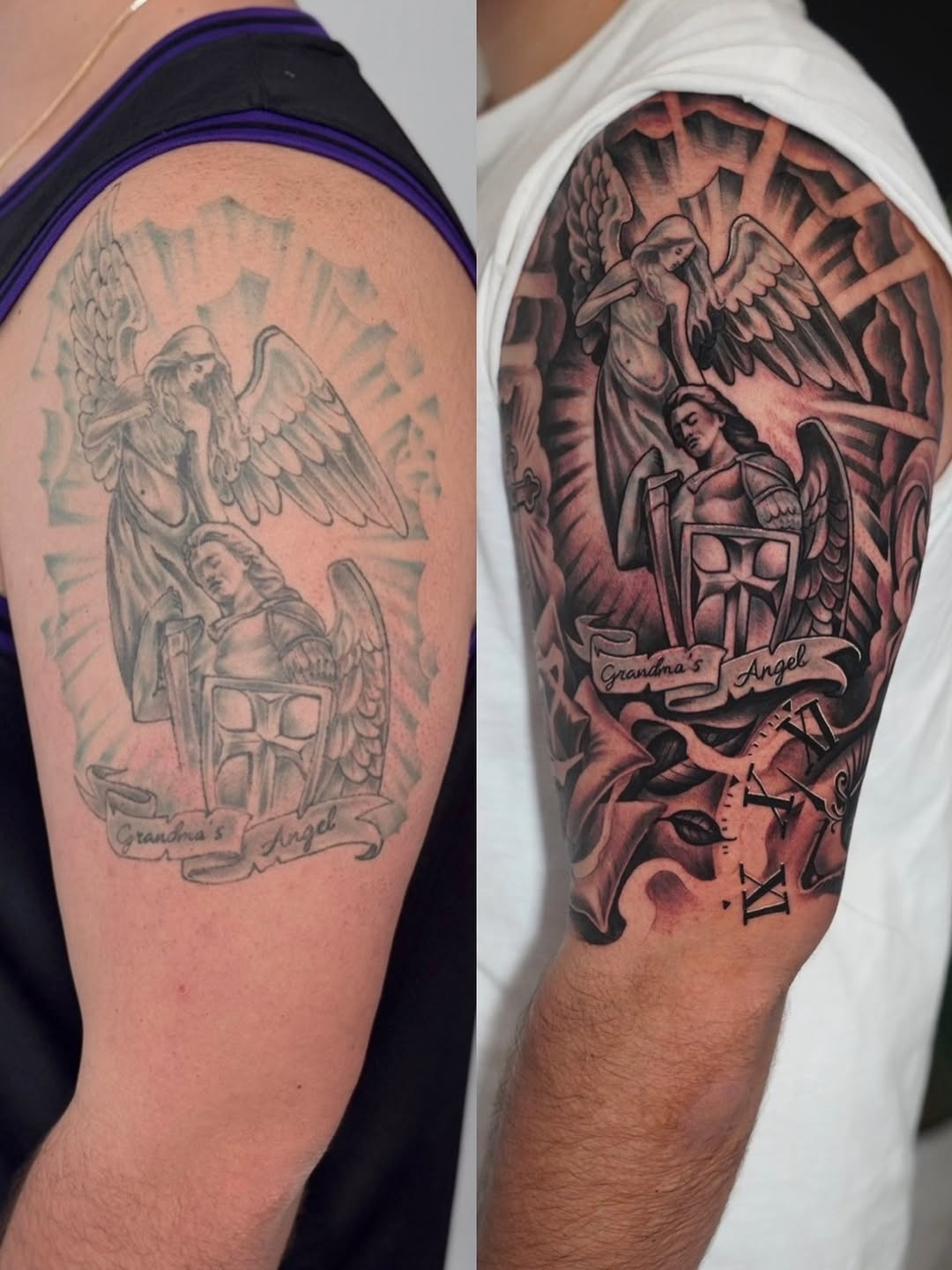 Angel cover-up with clock and roses realism tattoo on the upper arm by Artem Kunakuzin