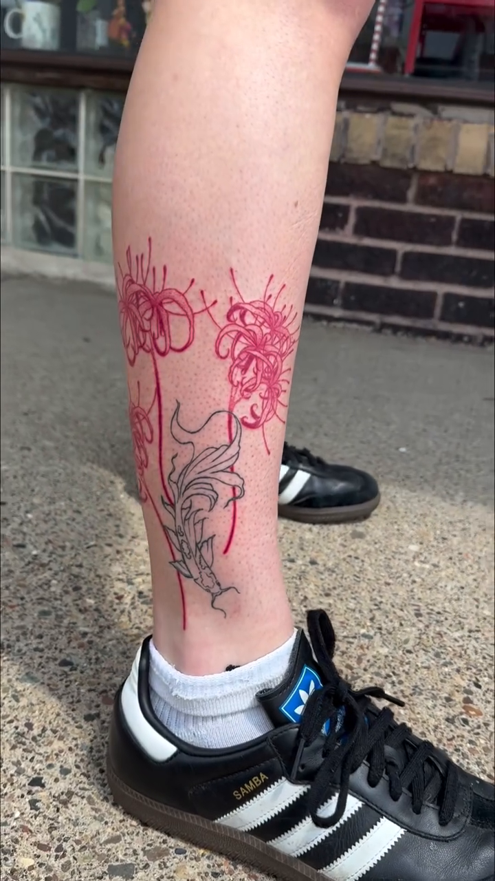 Spider lilies on leg cyber sigilism tattoo on the leg by Handpoke Tattoo Artist, Minneapolis, Minnesota