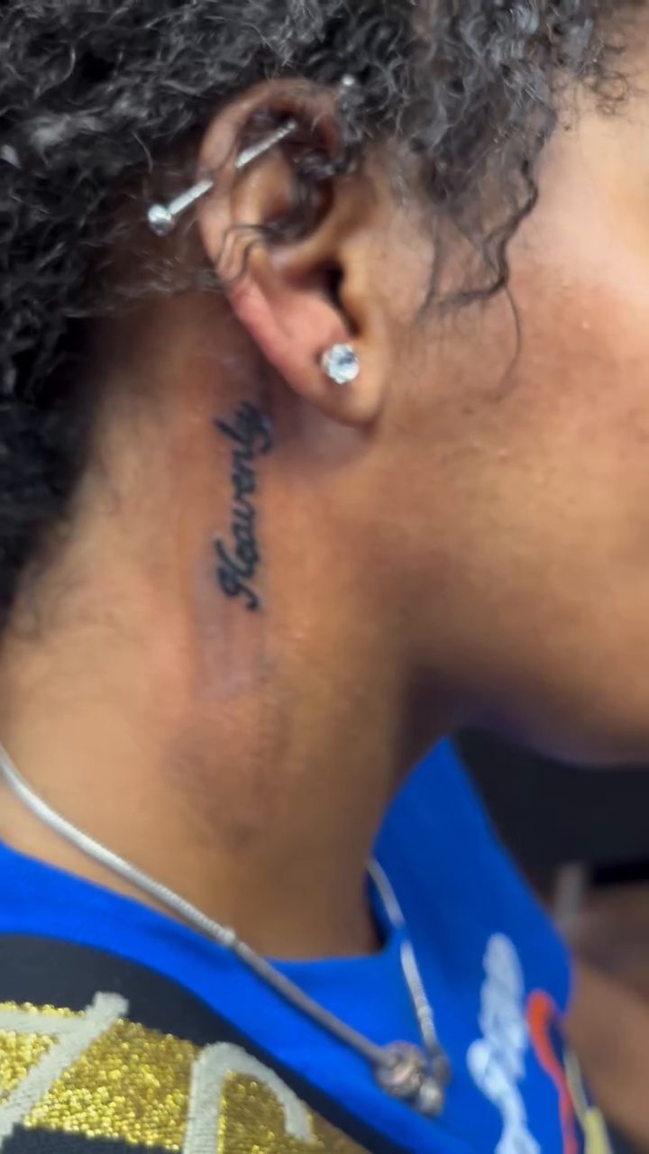Heavenly neck tattoo lettering tattoo on the neck by Tatts by Quan