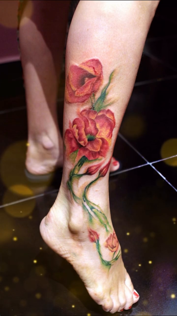 Poppies on leg neo-traditional tattoo on the foot by Yana Aizen