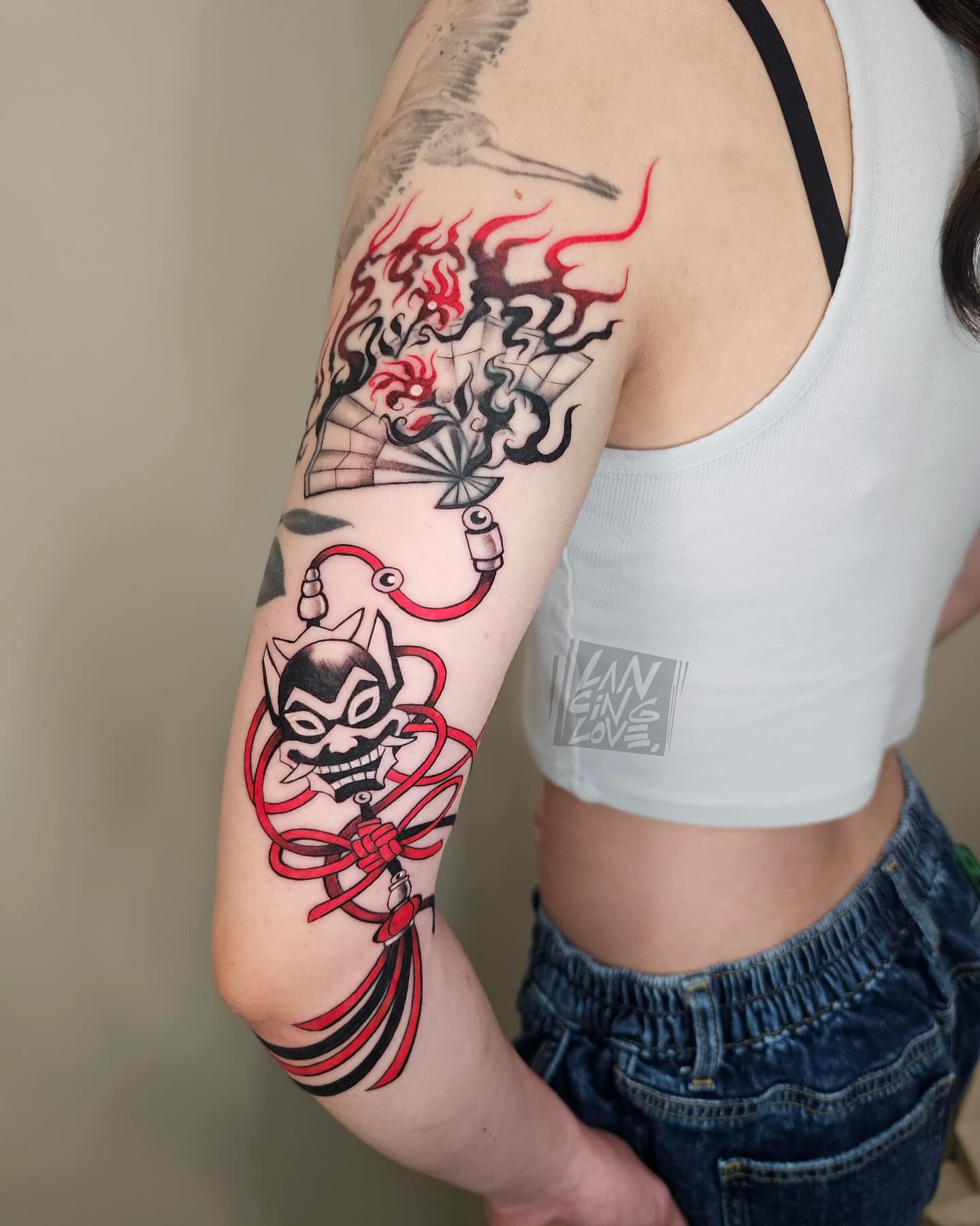 Japanese mask japanese irezumi tattoo on the forearm by Lancinglove