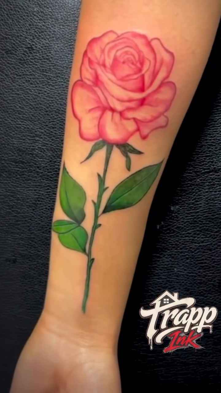 Pink rose tattoo neo-traditional tattoo on the forearm by Still Standing. Still Creating. 🖤